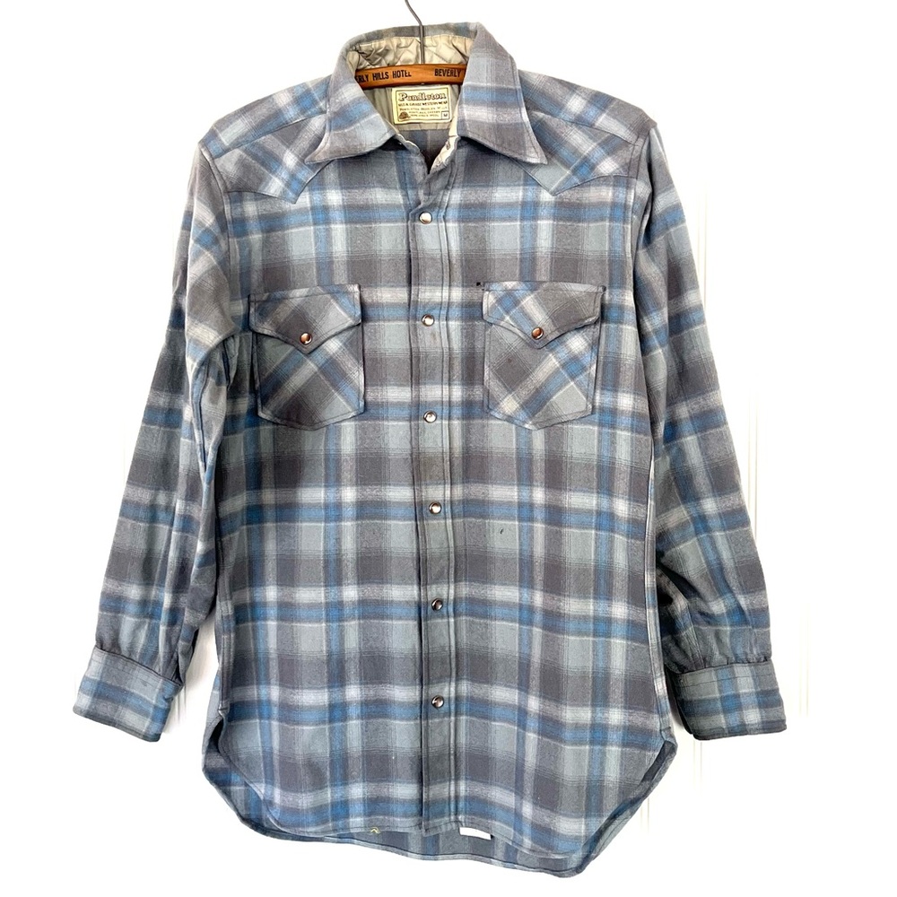 Vintage Pendleton Blue and Gray Plaid Button Down Shirt Medium 100% Virgin Wool